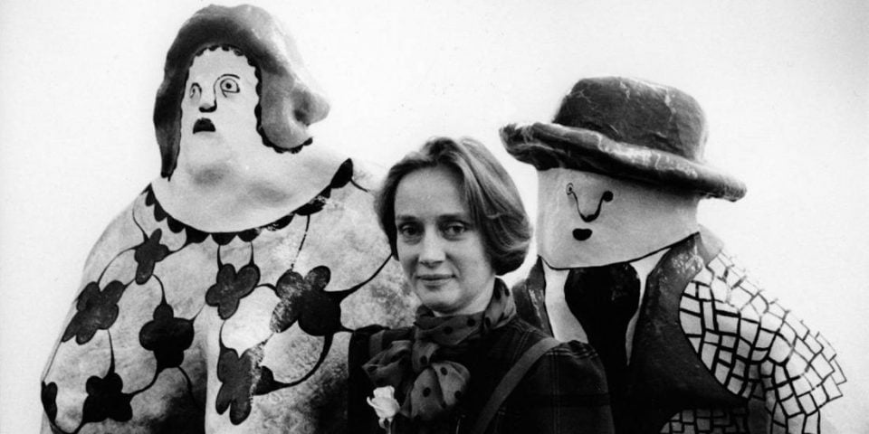 niki de saint phalle with 2 sculptures