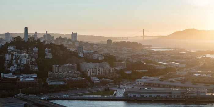 Aerial of city at sunset, San Francisco, USA / Sources Getty Images