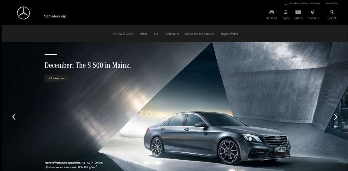 Copie d'écran du site corporate de Mercedes