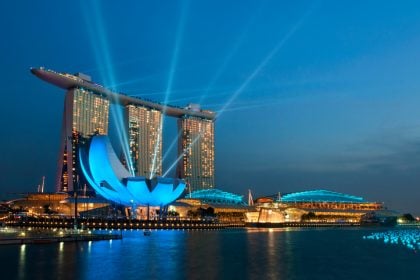 Marina bay with laser lights.