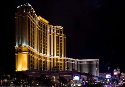 The Palazzo Hotel and Casino Resort at night. 