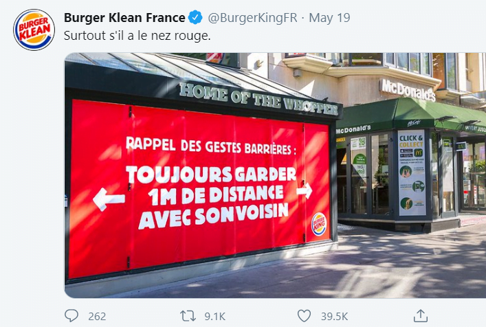 burger king communication restaurants drive livraison burgers reseaux sociaux instagram facebook twitter confinement covid 19 communication promotion mesures street marketing reouverture tweet
