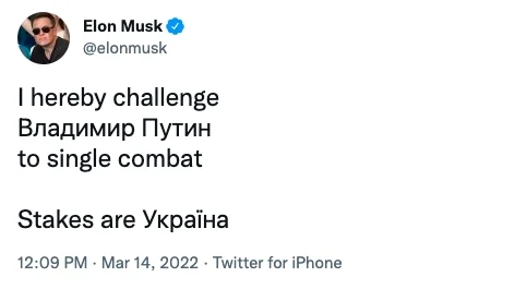 Guerre en Ukraine : Elon Musk défie Poutine en « combat singulier » 2 Musk