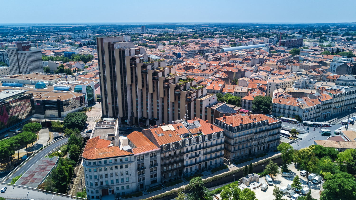 aerial top view of montpellier city skyline from above southern france