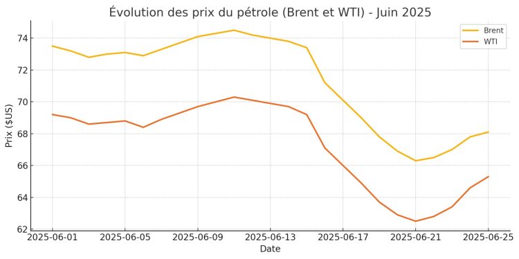 Cessez-le-feu entre l’Iran et Israël : le pétrole rebondit avec une hausse de plus de 1 % 2 Évolution Des Prix Du Pétrole (Brent Et WTI) - Juin 2025