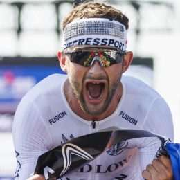 NICE, FRANCE - SEPTEMBER 10: Sam Laidlow of France reacts after winning the 2023 Men's VinFast IRONMAN World Championship, on September 10, 2023 in Nice, France. (Photo by Jan Hetfleisch/Getty Images for IRONMAN)